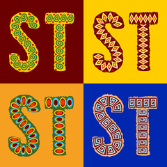 Vector set of ethnic font with african ornament. Letters S T