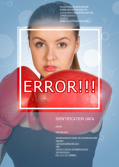 Concept of technology. Sexy girl in boxing gloves. Word error