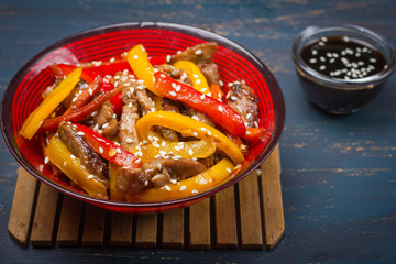 Stir fry ork and vegetables with sesame seeds