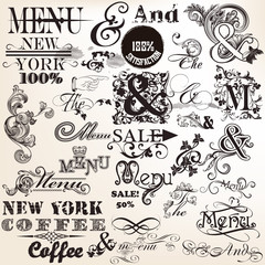 Collection of vector signatures and the and menu in antique styl