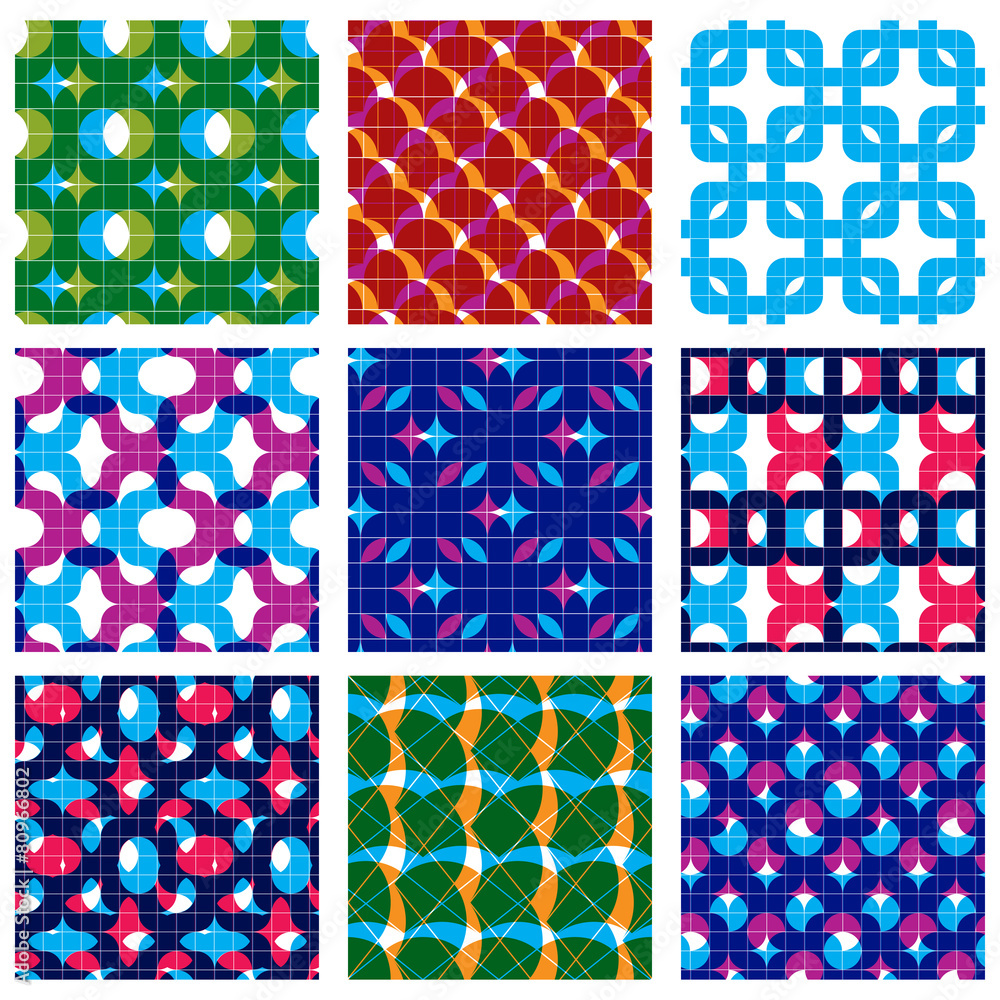 Poster set of multicolored grate seamless patterns with parallel ribbon