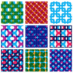 Set of multicolored grate seamless patterns with parallel ribbon