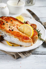 roasted salmon steak on a plate