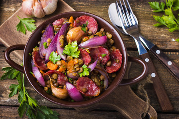lentils with  sausage and vegetables