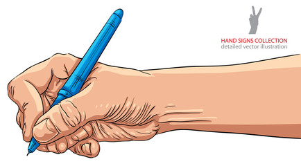 Hand writing with pen, detailed vector illustration.