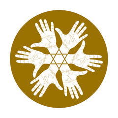 Six open hands abstract symbol with hexagonal star, detailed sin