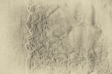 Naklejka premium top view of vintage hand made beautiful lace fabric. black and w