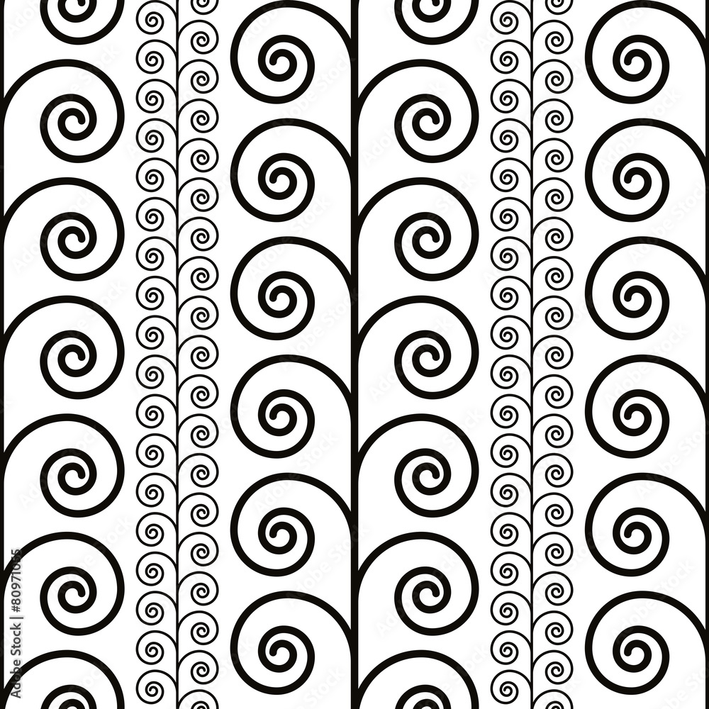 Poster curly waves seamless pattern, black and white vector background.