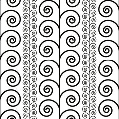 Curly waves seamless pattern, black and white vector background.