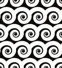 Curly waves seamless pattern, black and white vector background.