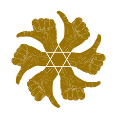 Six thumb up hand signs in round abstract symbol with hexagonal