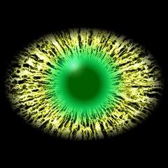 Monster eye with striped iris and dark elliptic pupil with green