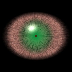 Eye with striped iris and light blue pupil with purple retina.