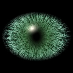 Monster eye with striped iris and dark elliptic pupil with green