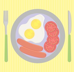 breakfast set on the table, fried egg, sausages,tomato VECTOR