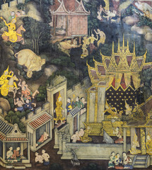 Thai mural painting on temple wall