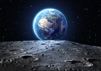 Niebieska planeta ziemia widziana z powierzchni księżyca - obrazy, fototapety, plakaty
