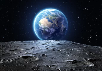 Fotobehang blauwe aarde gezien vanaf het maanoppervlak © Romolo Tavani