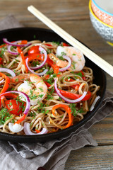 Noodles in spicy a frying pan