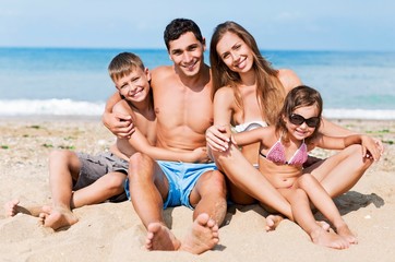 Son. Happy Family Having Fun at the Beach. Joyful Big Family