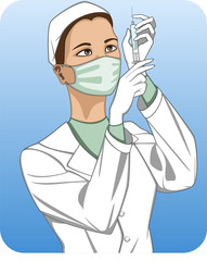 Fototapeta premium Nurse holding syringe with medicine; on blue background