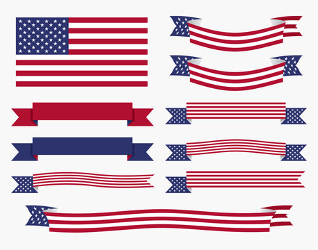Red white blue american flag, ribbon and banner