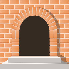 Arched medieval door in a brick wall with stairs