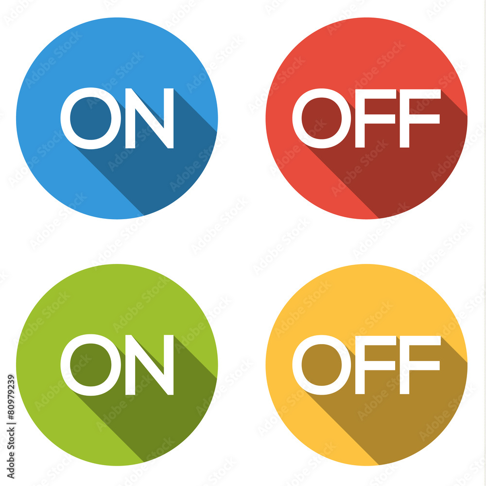 Poster collection of 4 isolated flat colorful buttons for on/off with l