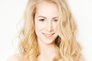 Naklejka premium Blonde Woman. Makeup and Curly Hairstyle