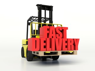 Forklift truck carrying boxes with Fast Delivery inscription.
