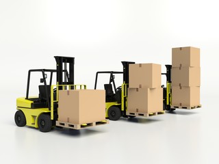 Forklift trucks carrying boxes.