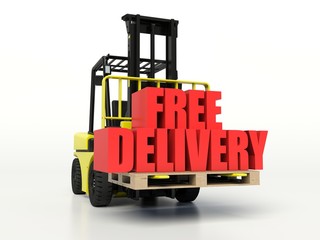 Forklift truck carrying boxes with Free Delivery inscription.