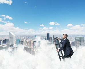 Businessman is climbing ladder to success. New York background