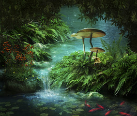 Fantastic river and pond with red fishes and mushrooms