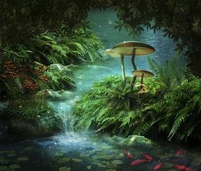 Tuinposter Fantastic river and pond with red fishes and mushrooms © susanafh