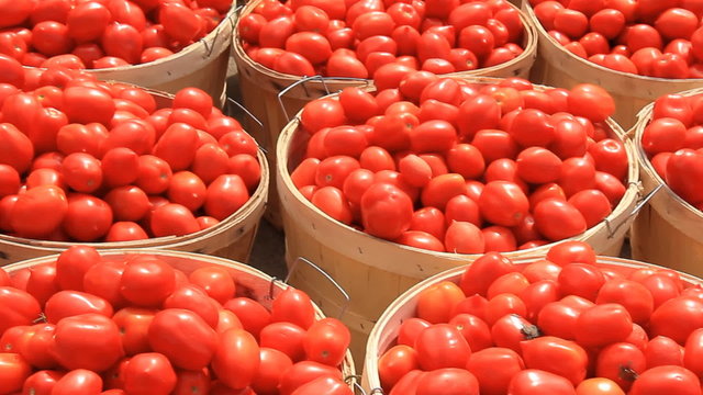 Tomatoes 2. Baskets full of freshly picked red ripe tomatoes at a farmers market.