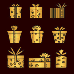 Set of golden gift boxes.
