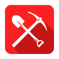 Icono cuadrado rojo pico y pala con sombra
