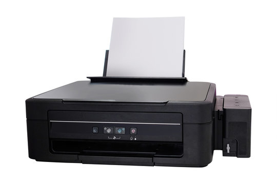 Black printer and paper closeup