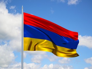 Armenia 3d flag floating in the wind in blue sky
