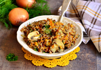 Buckwheat with fried mushrooms and vegetable.