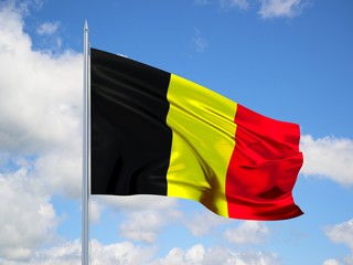 Belgium 3d flag floating in the wind in blue sky
