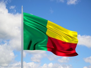Benin 3d flag floating in the wind in blue sky