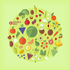 Fruits and vegetables vector icons collection.