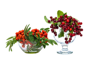 Ягоды рябины и красной черёмухи в вазочках.