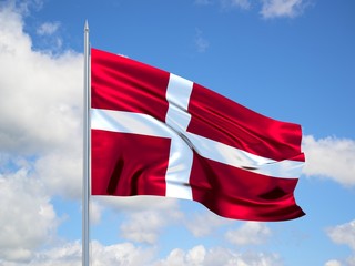 Denmark 3d flag floating in the wind in blue sky