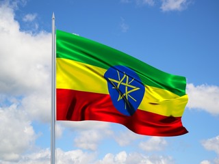 Ethiopia 3d flag floating in the wind in blue sky
