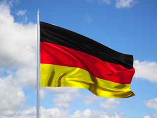 Germany 3d flag floating in the wind in blue sky