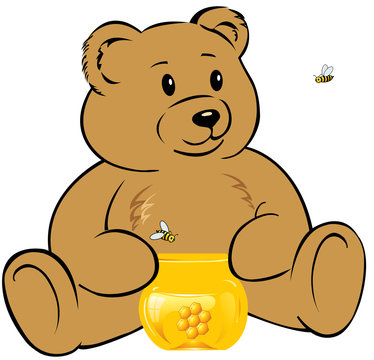 Teddy bear with a jar of honey and bees