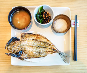 Japanese lunch set, grilled fish with Miso soup
